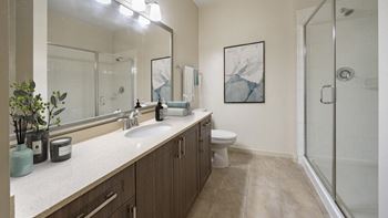The hendrix apartments a bathroom with a sink and a shower and a toilet